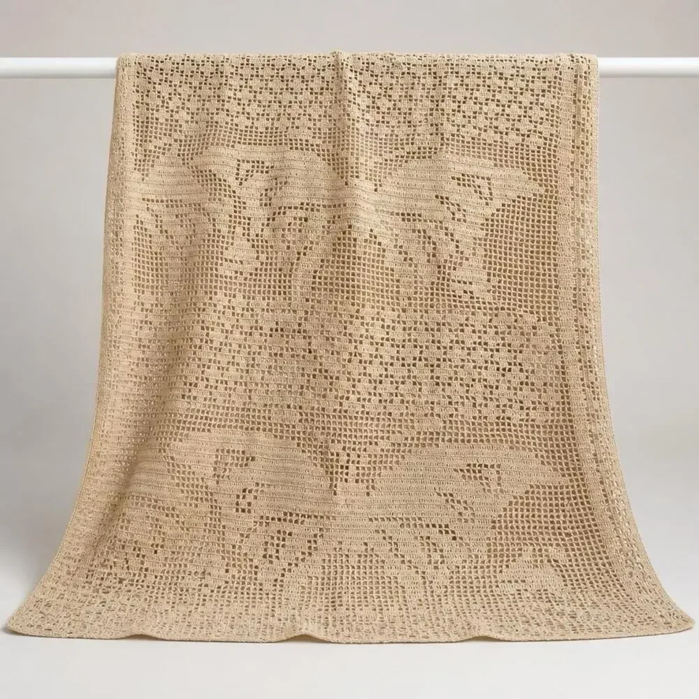 VTG 80s HandCrocheted Lace Tablecloth Beige Handmade Butterfly CottageHome 61x58